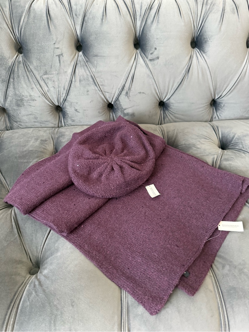 Banana Republic Sequin Knit Scarf & Beret Set NWT Purple One Size
